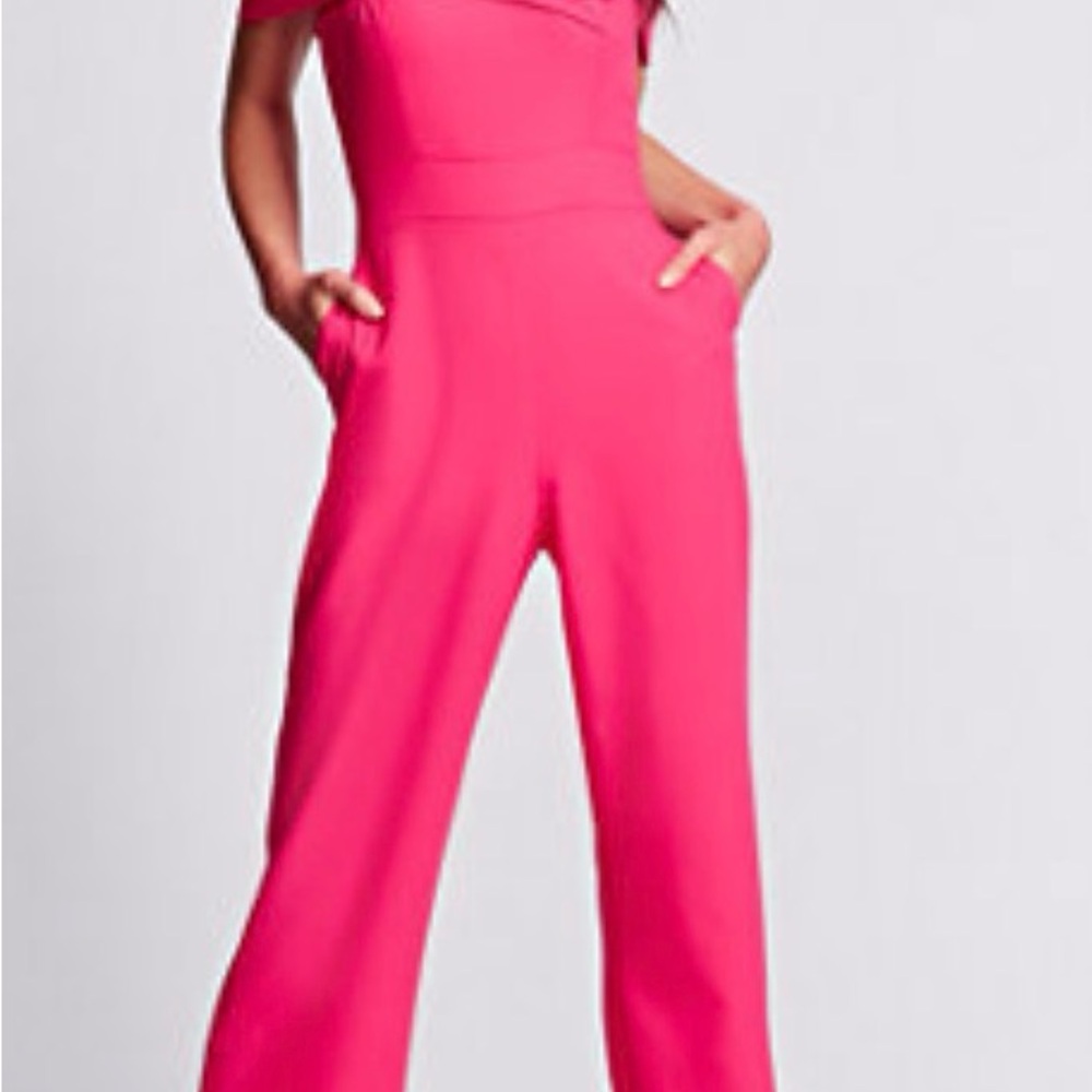New York & Company Hot Pink Off-Shoulder Jumpsuit by Gabrielle Union